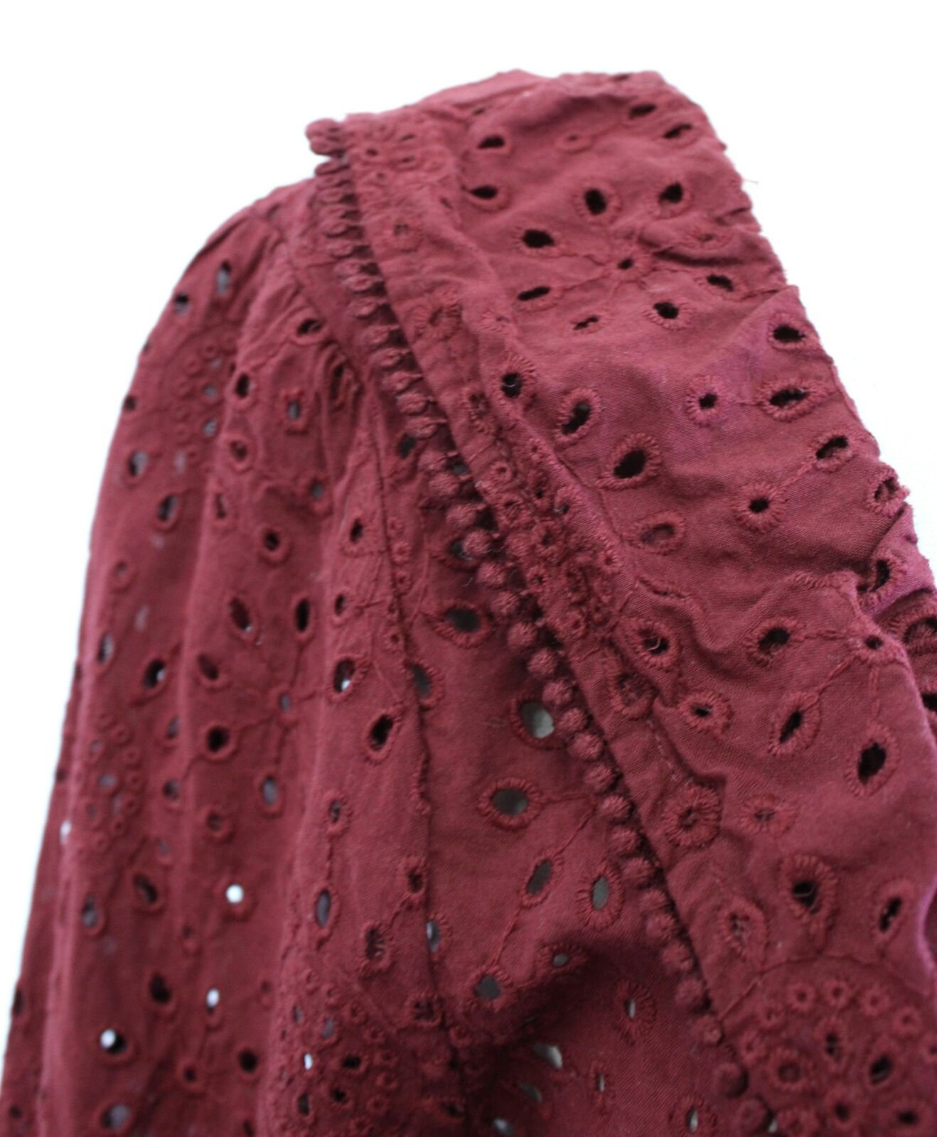 Madewell Burgundy Red Eyelet Lace Ruffle Pompom Trim Peasant Top Blouse Size M