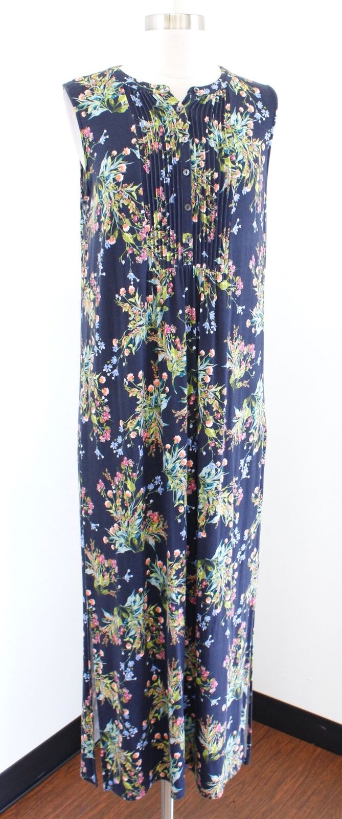 NWT J Jill Navy Blue Floral Print Knit Midi Maxi Dress Size S Sleeveless Casual