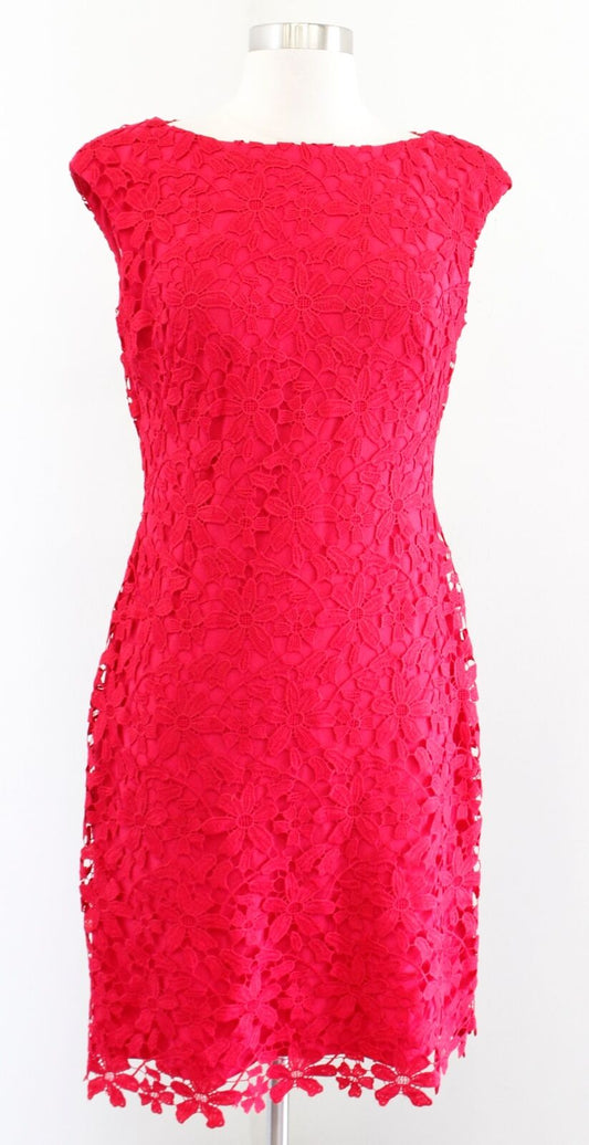 NWT Lauren Ralph Lauren Red Floral Lace Sheath Dress Size 6 Cap Sleeve Cocktail