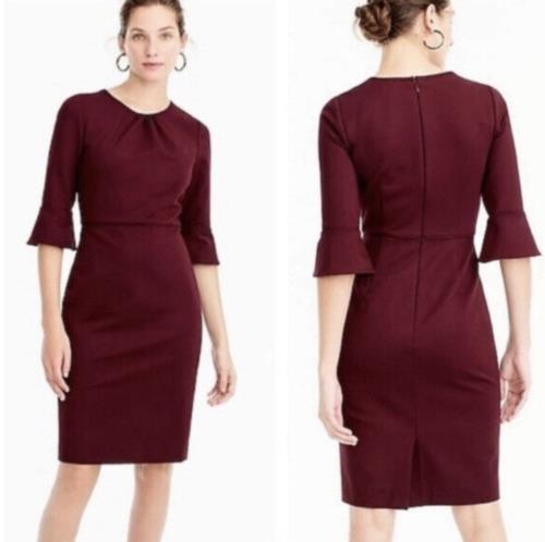 J Crew Womens Wine Red Ponte Knit Bell Sleeve Sheath Dress Size 2 Career