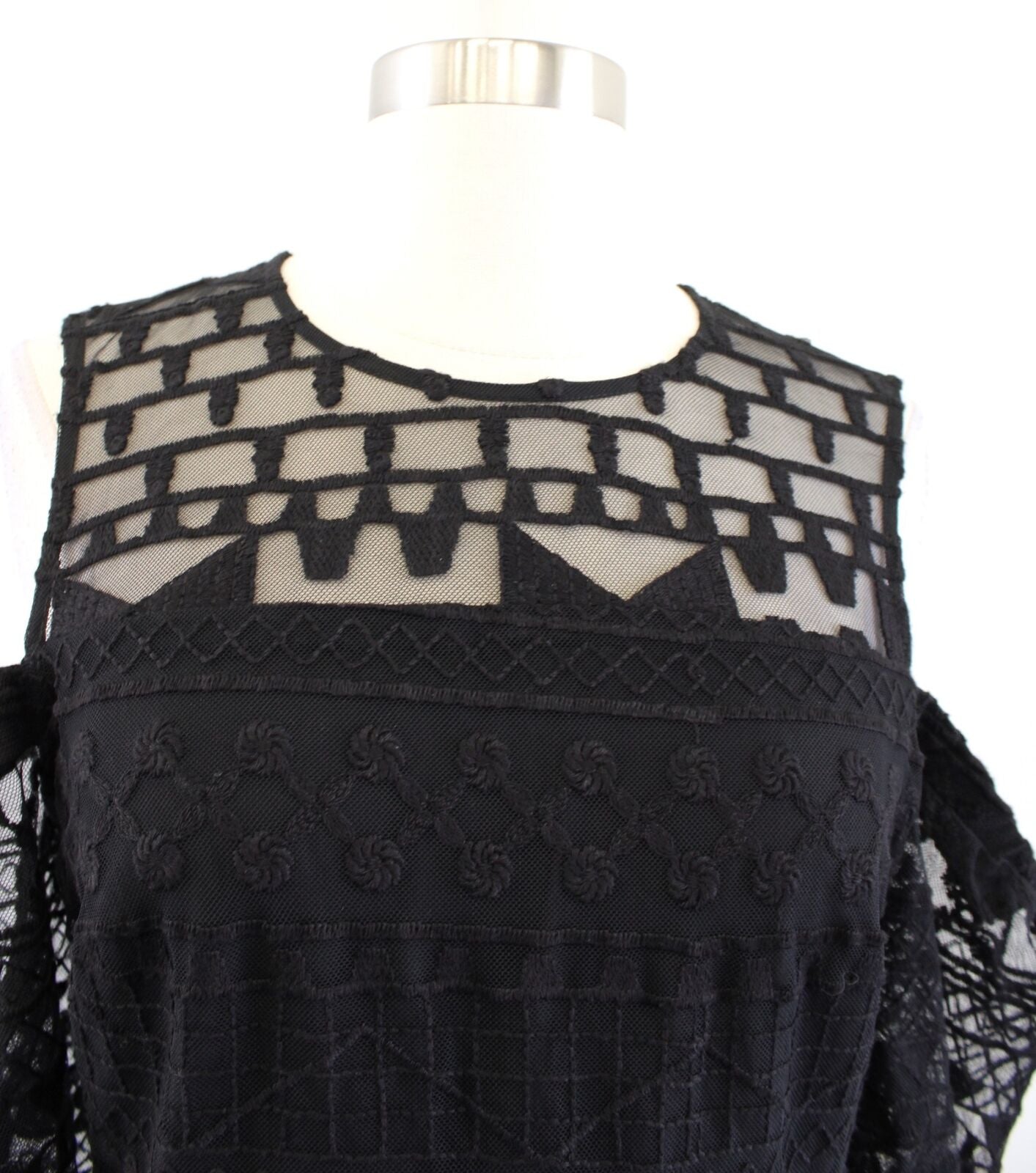 Parker Black Mesh Lace Geometric Embroidered Cold Shoulder Peplum Top Blouse M2