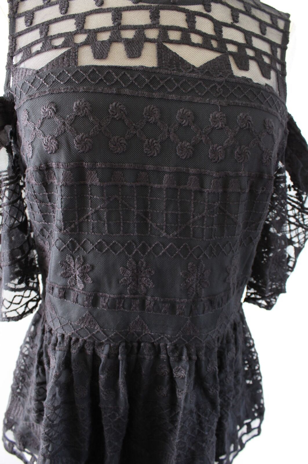 Parker Black Mesh Lace Geometric Embroidered Cold Shoulder Peplum Top Blouse M2