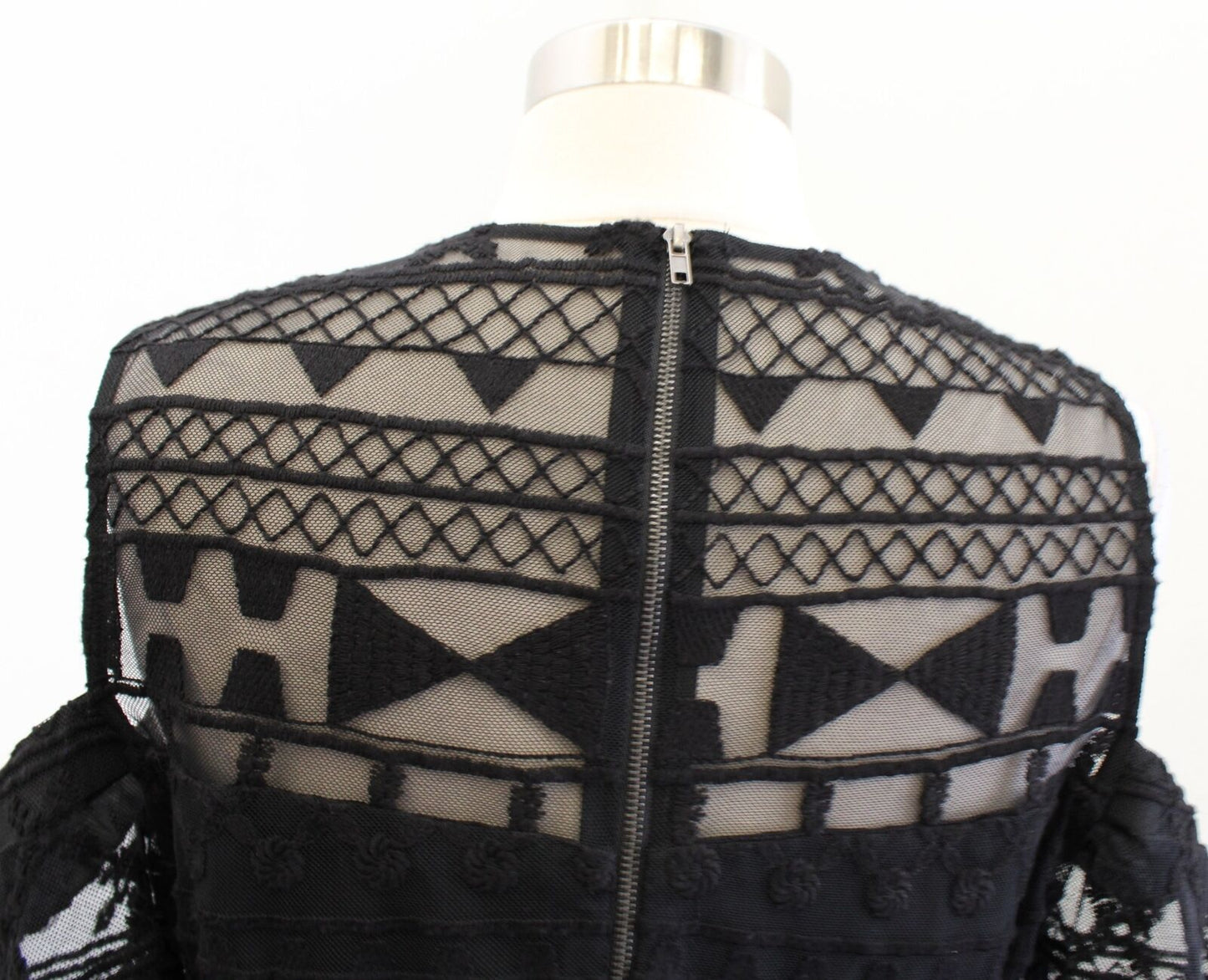 Parker Black Mesh Lace Geometric Embroidered Cold Shoulder Peplum Top Blouse M2