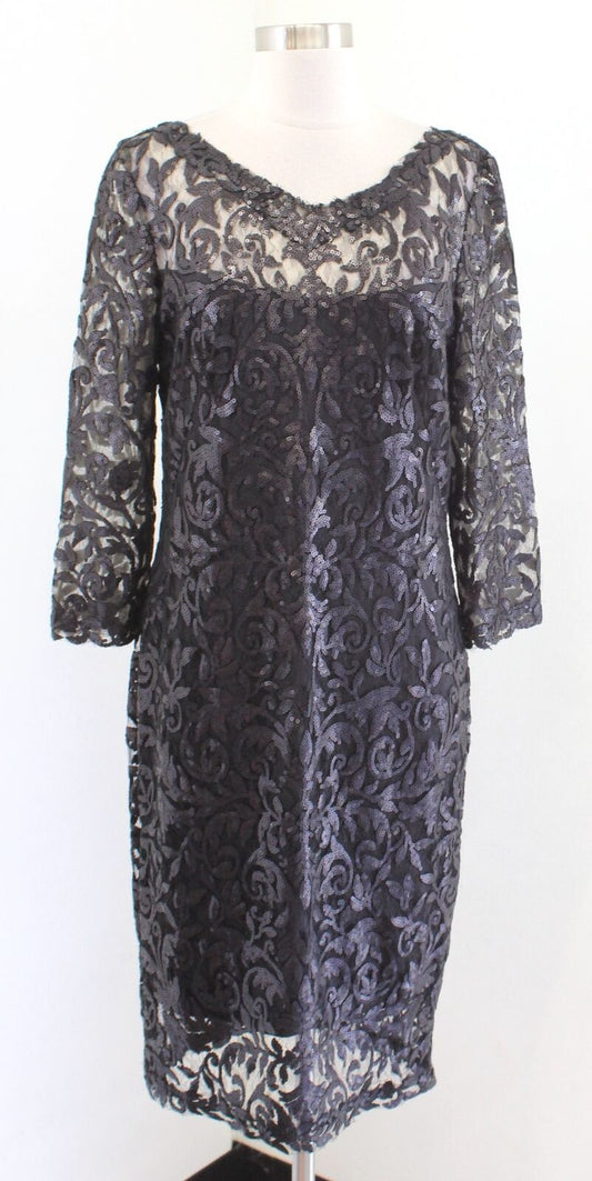 Tadashi Shoji Black 3/4 Sleeve Paillette Embroidered Sequin Lace Sheath Dress 12