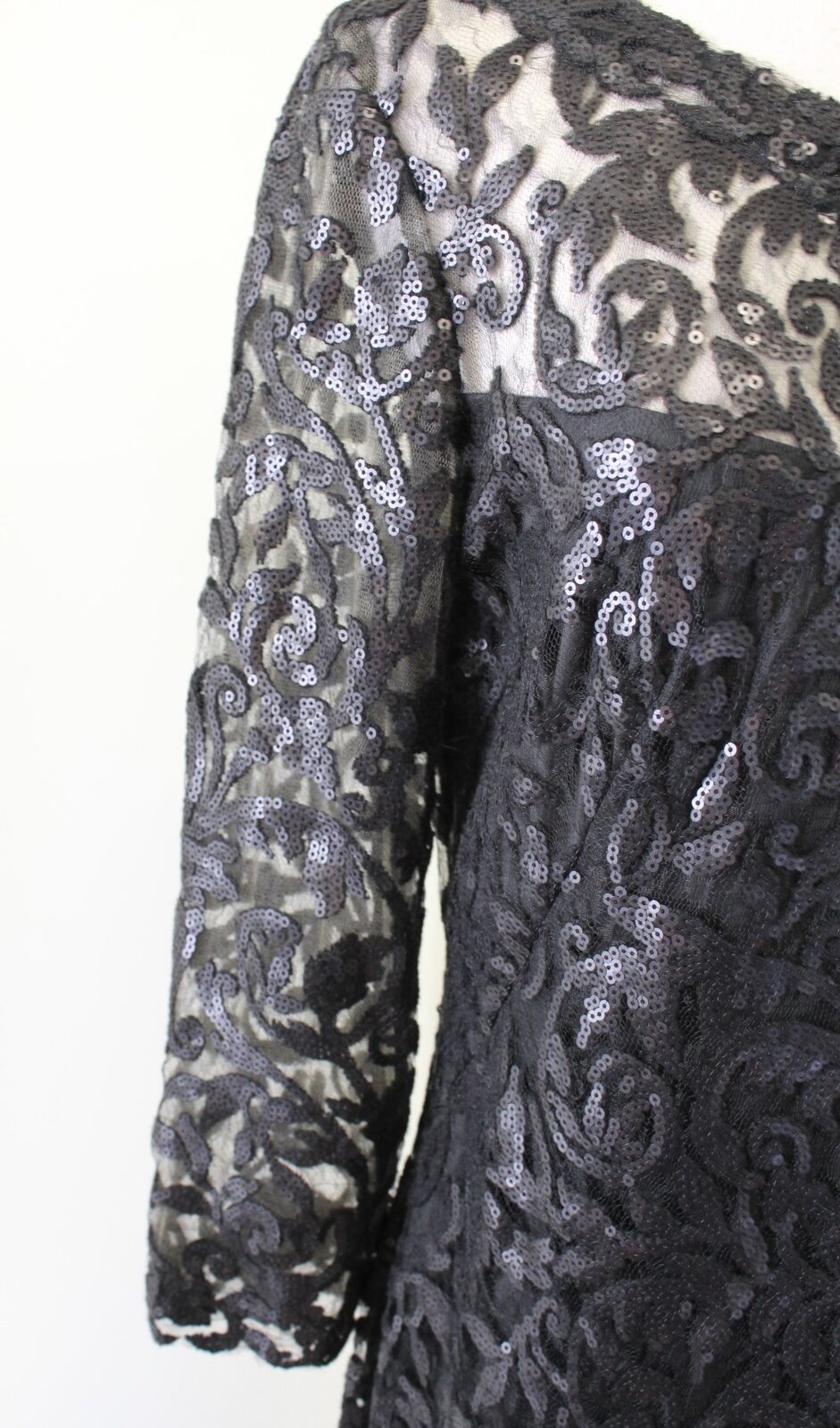 Tadashi Shoji Black 3/4 Sleeve Paillette Embroidered Sequin Lace Sheath Dress 12