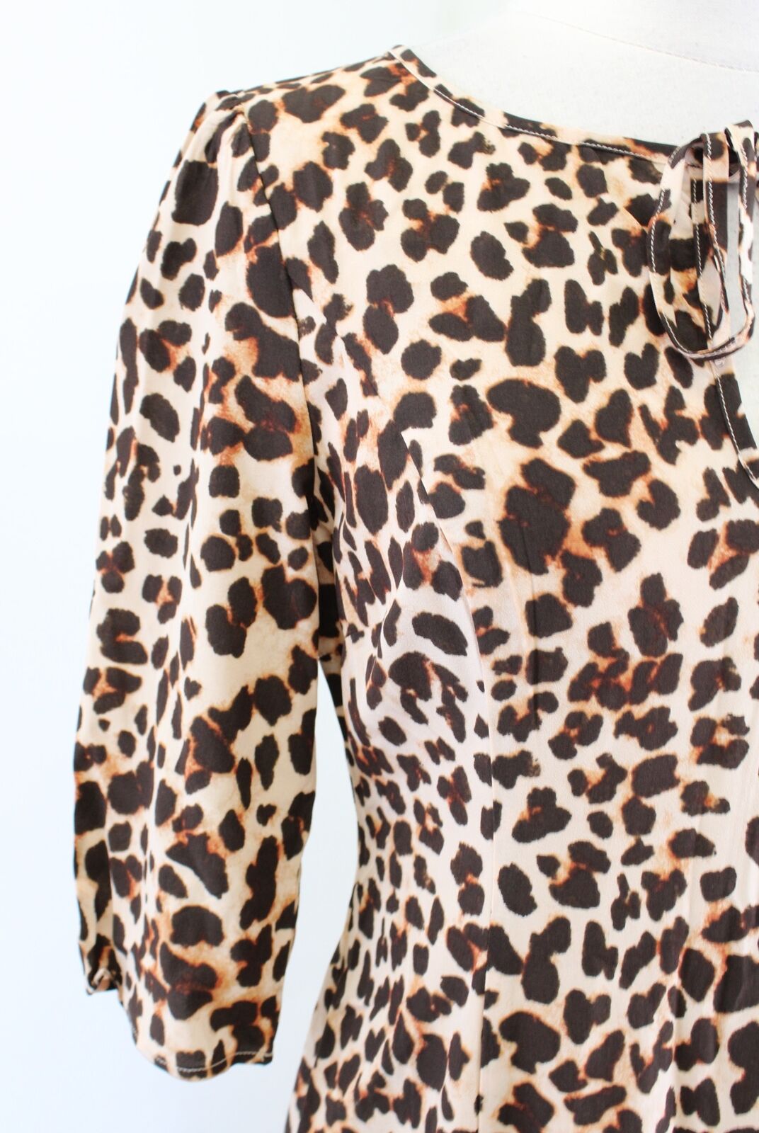 NWT For Love and Lemons Leopard Print Silk Blend Dress Size M Tie Neck Midi