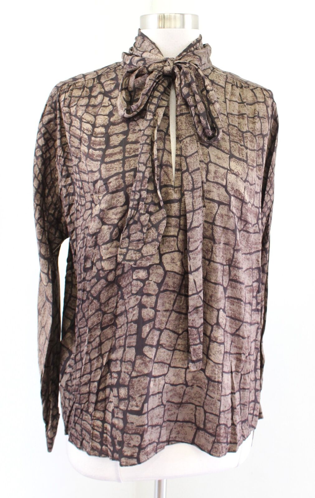 NWT Reiss Jessie Brown Snakeskin Animal Print Tie Neck Pussybow Blouse Top Sz 6 Long Sleeve