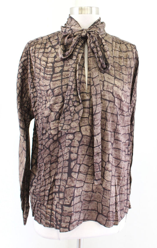 NWT Reiss Jessie Brown Snakeskin Animal Print Tie Neck Pussybow Blouse Top Sz 6