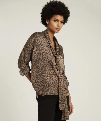 NWT Reiss Jessie Brown Snakeskin Animal Print Tie Neck Pussybow Blouse Top Sz 6 Long Sleeve