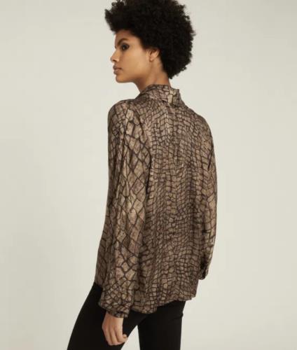 NWT Reiss Jessie Brown Snakeskin Animal Print Tie Neck Pussybow Blouse Top Sz 6 Long Sleeve