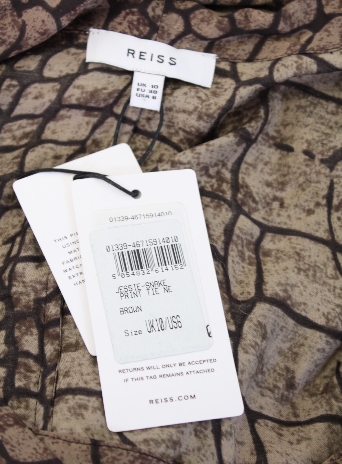 NWT Reiss Jessie Brown Snakeskin Animal Print Tie Neck Pussybow Blouse Top Sz 6 Long Sleeve