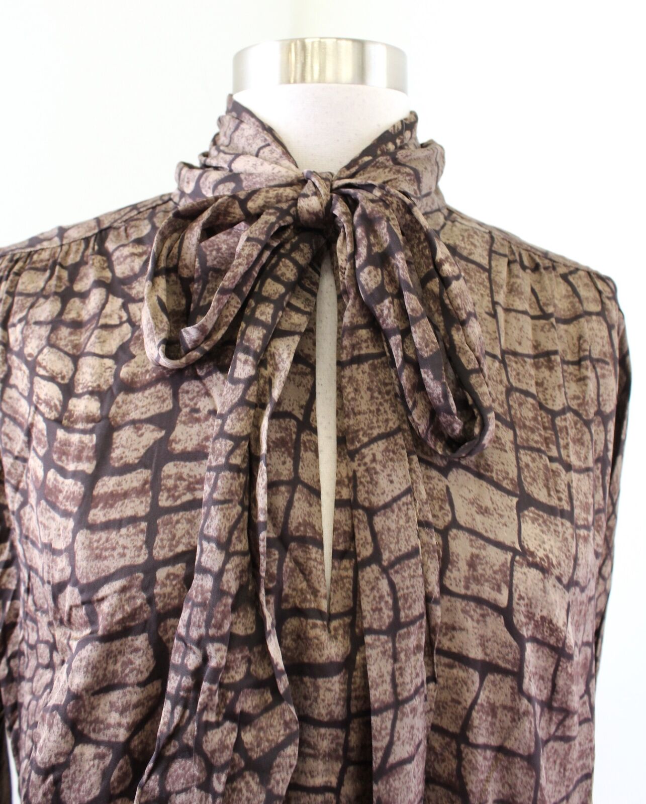 NWT Reiss Jessie Brown Snakeskin Animal Print Tie Neck Pussybow Blouse Top Sz 6 Long Sleeve