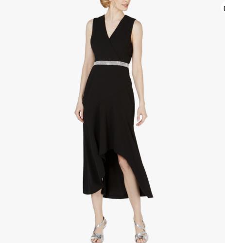 NWT Calvin Klein Black Embellished V Neck Flutter Hi Lo Cocktail Evening Dress 6