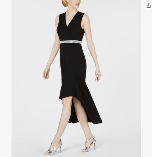 NWT Calvin Klein Black Embellished V Neck Flutter Hi Lo Cocktail Evening Dress 6