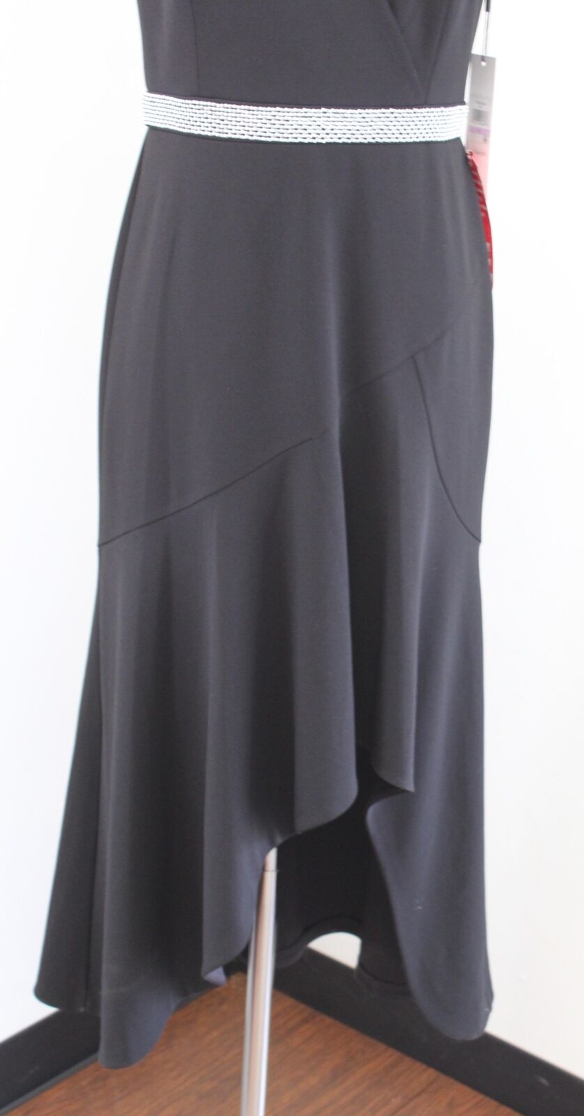 NWT Calvin Klein Black Embellished V Neck Flutter Hi Lo Cocktail Evening Dress 6