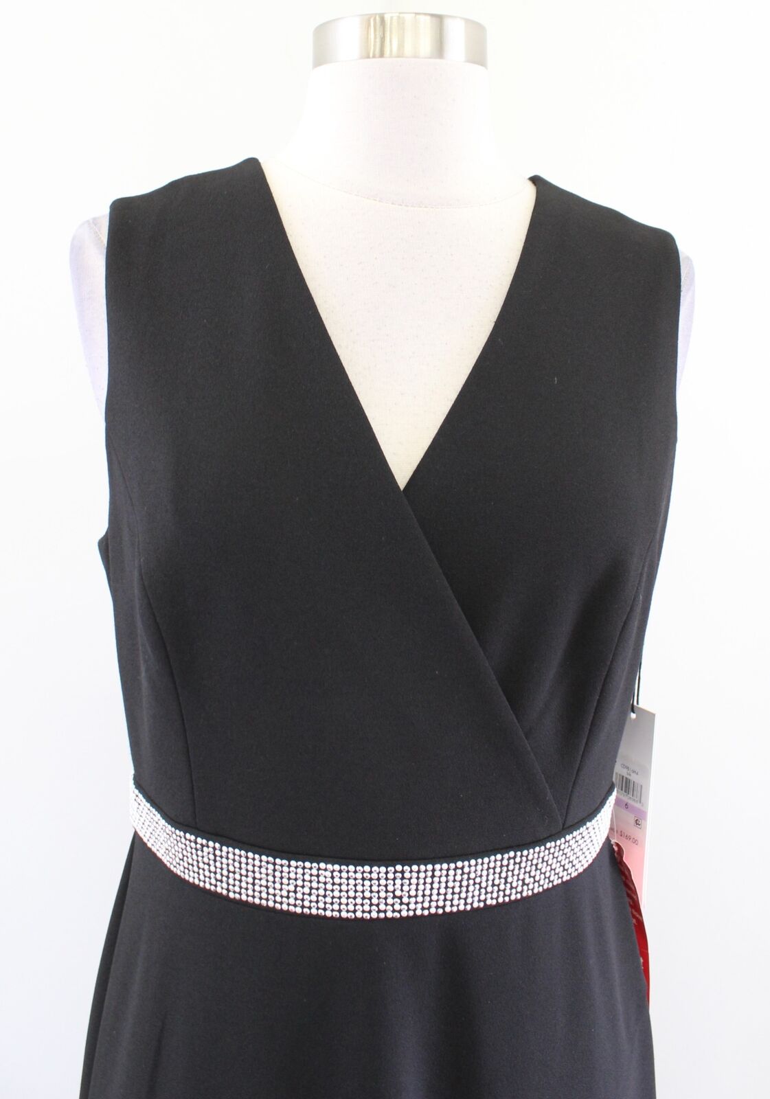 NWT Calvin Klein Black Embellished V Neck Flutter Hi Lo Cocktail Evening Dress 6