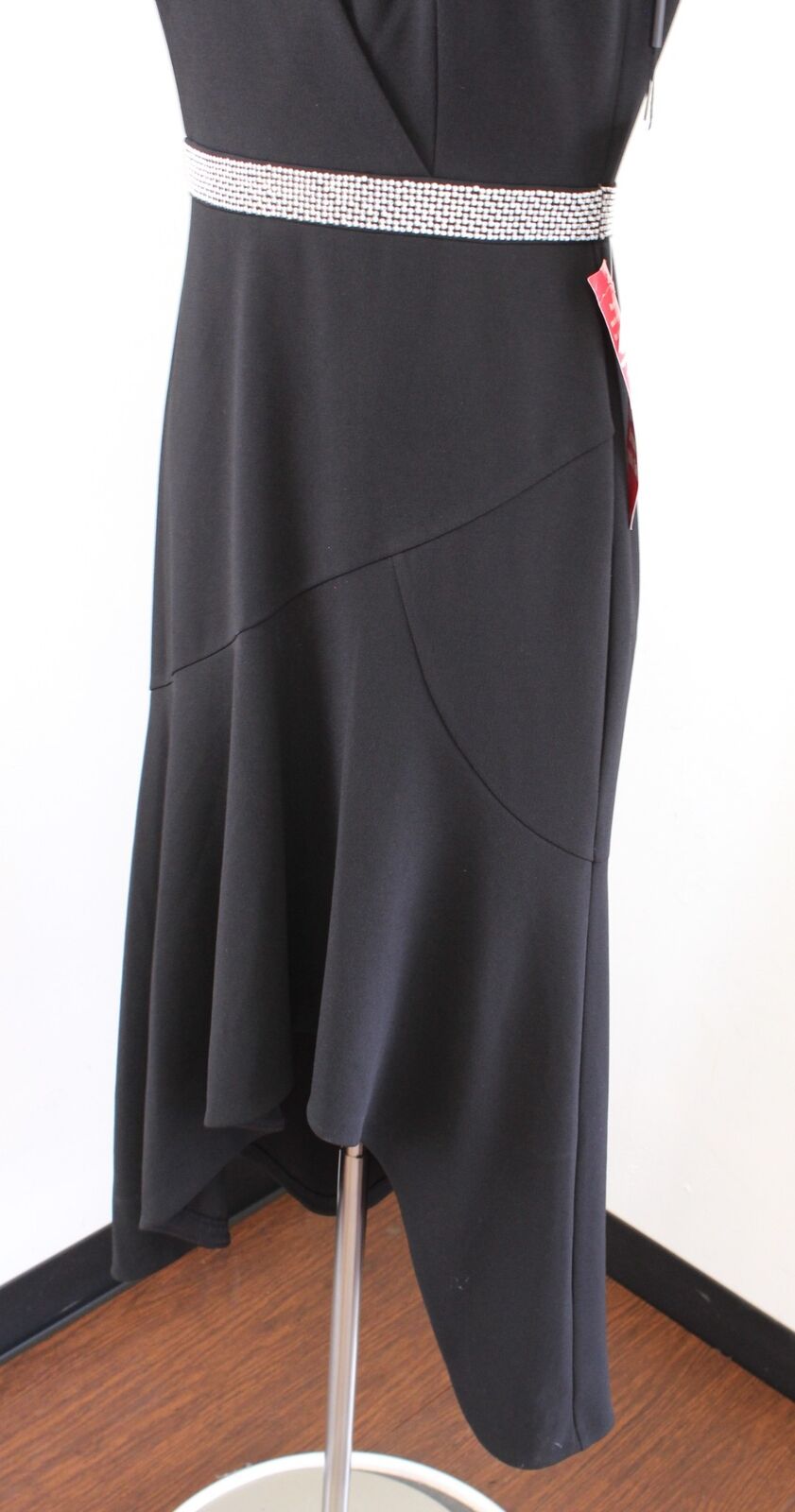 NWT Calvin Klein Black Embellished V Neck Flutter Hi Lo Cocktail Evening Dress 6