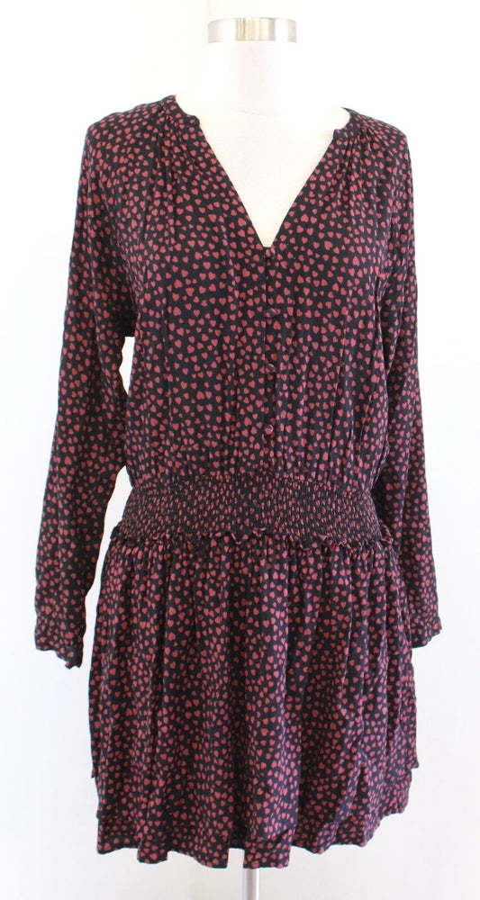 Rails Jasmine Enamored Heart Print Smocked Long Sleeve Dress Sz S Tiered V Neck