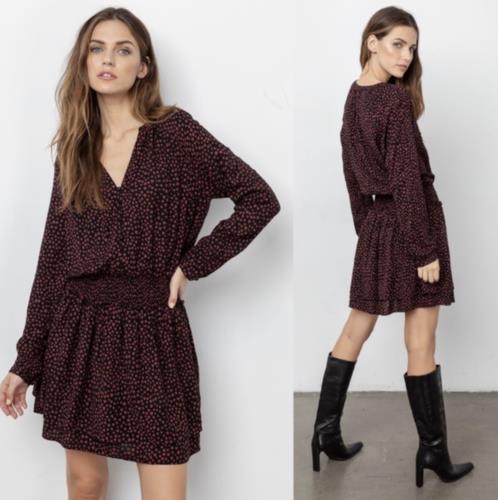 Rails Jasmine Enamored Heart Print Smocked Long Sleeve Dress Sz S Tiered V Neck