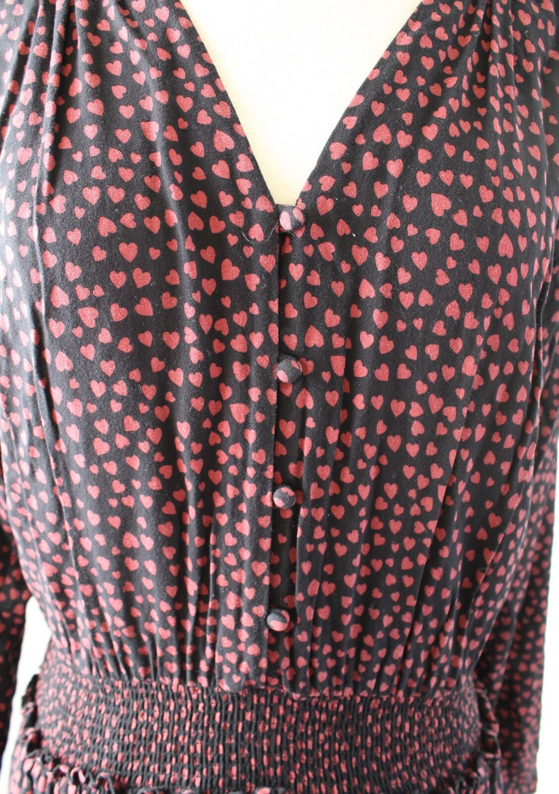 Rails Jasmine Enamored Heart Print Smocked Long Sleeve Dress Sz S Tiered V Neck