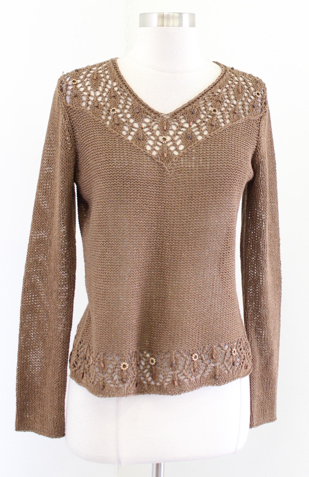 BCBGMAXAZRIA Sweater Womens Medium Brown Beaded Crochet V Neck Knit Pullover Y2k