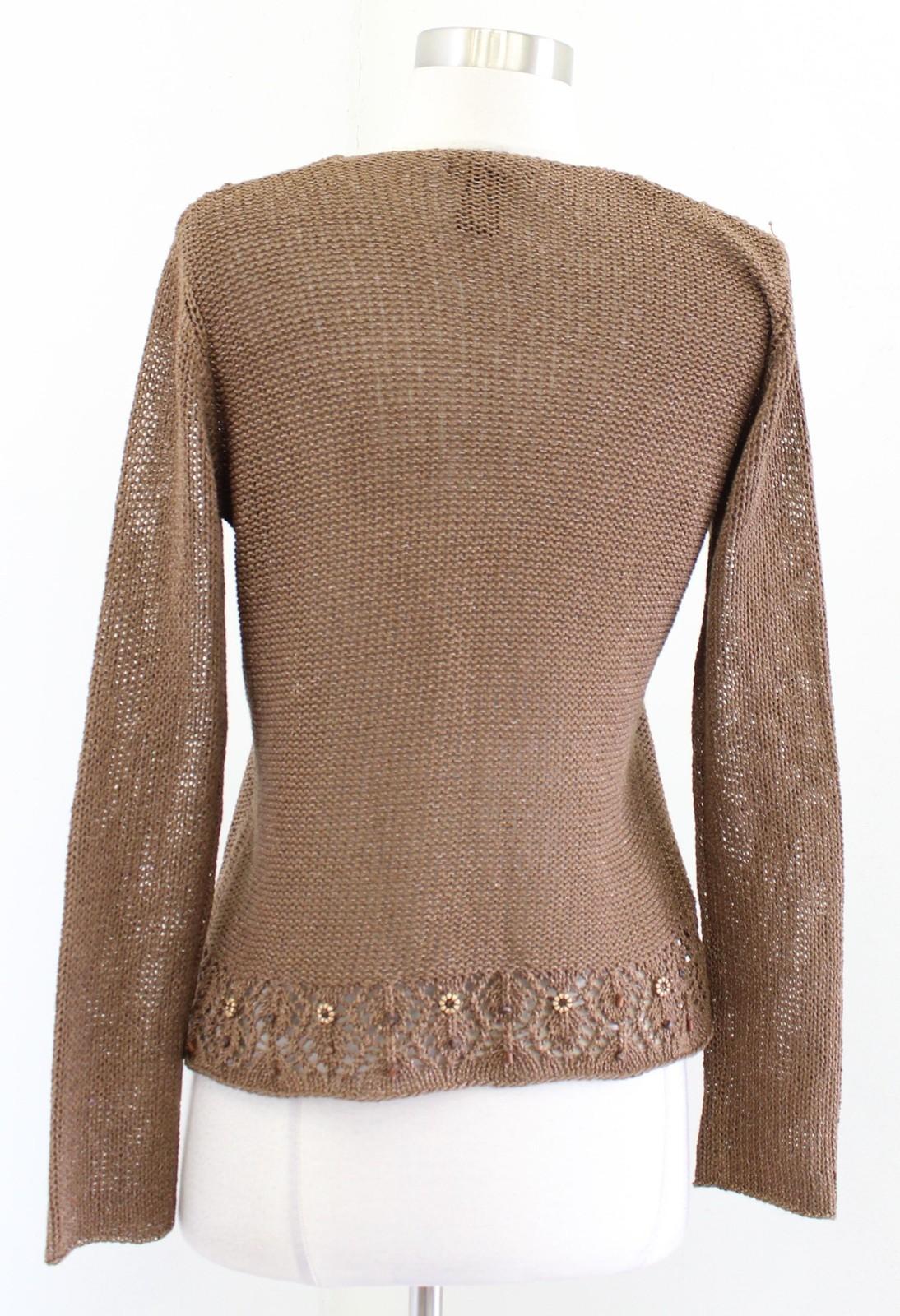 BCBGMAXAZRIA Sweater Womens Medium Brown Beaded Crochet V Neck Knit Pullover Y2k