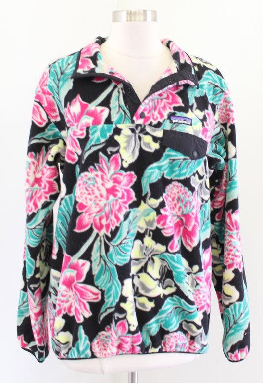 Patagonia Synchilla Fleece Jacket Womens Large Black Floral Snap-T Pullover