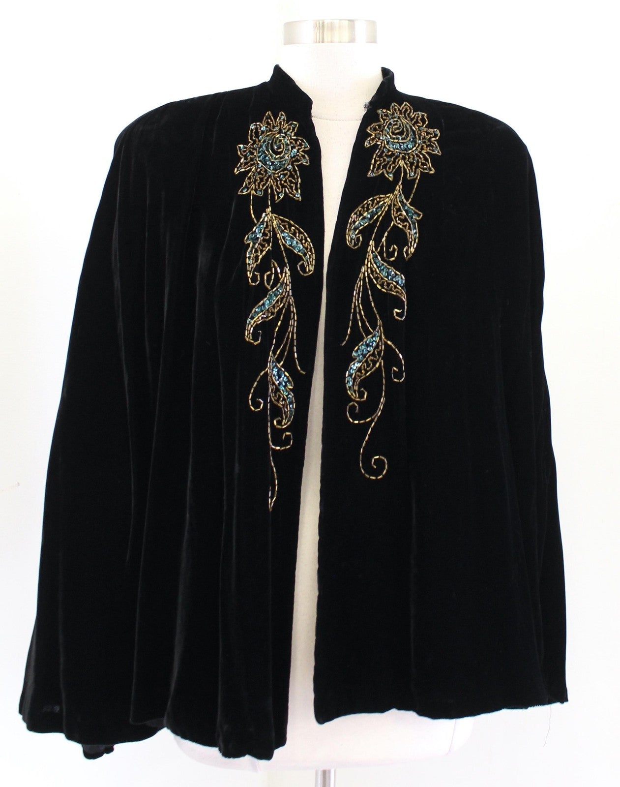 Vtg Black Velvet Beaded Sequin Floral Cape Womens 16 Formal Evening Party