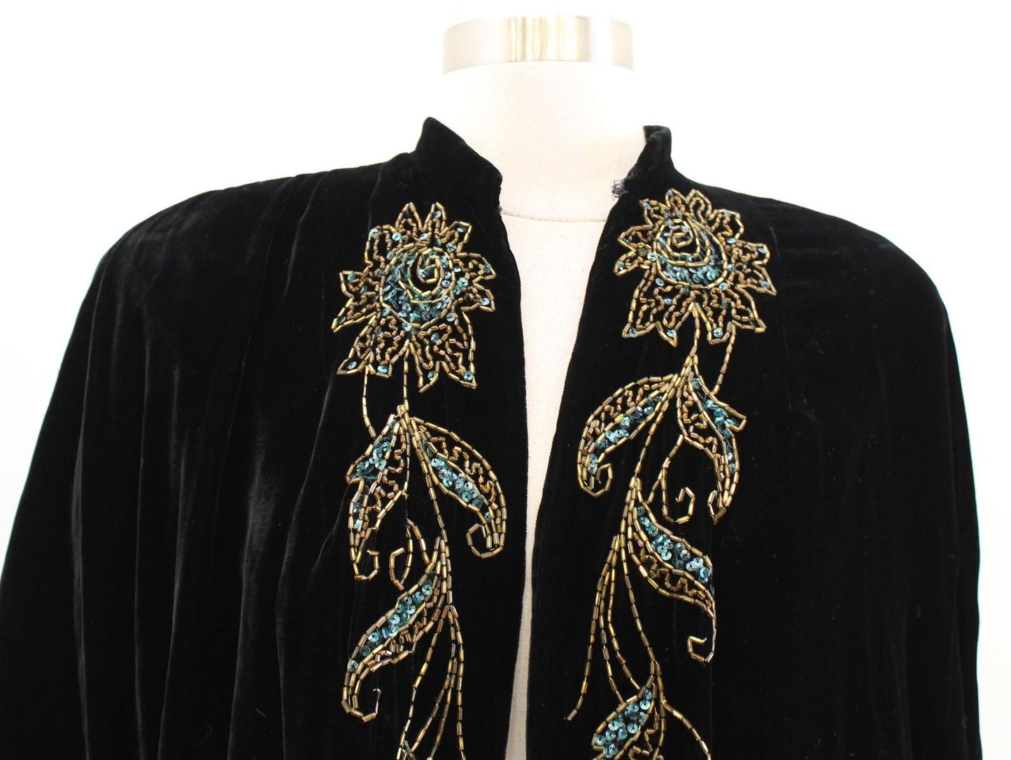 Vtg Black Velvet Beaded Sequin Floral Cape Womens 16 Formal Evening Party