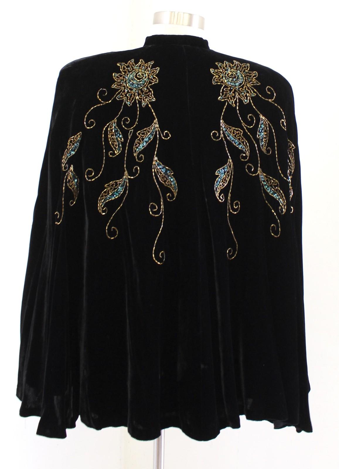 Vtg Black Velvet Beaded Sequin Floral Cape Womens 16 Formal Evening Party