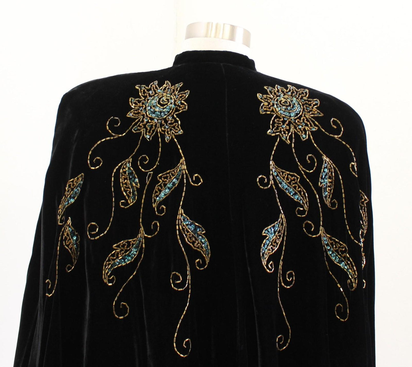 Vtg Black Velvet Beaded Sequin Floral Cape Womens 16 Formal Evening Party