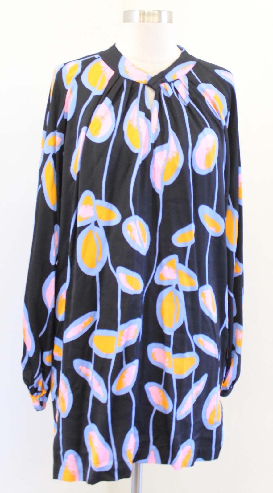 Diane Von Furstenberg Silka Dress Womens M Black Floral Keyhole Shift Mini Blue