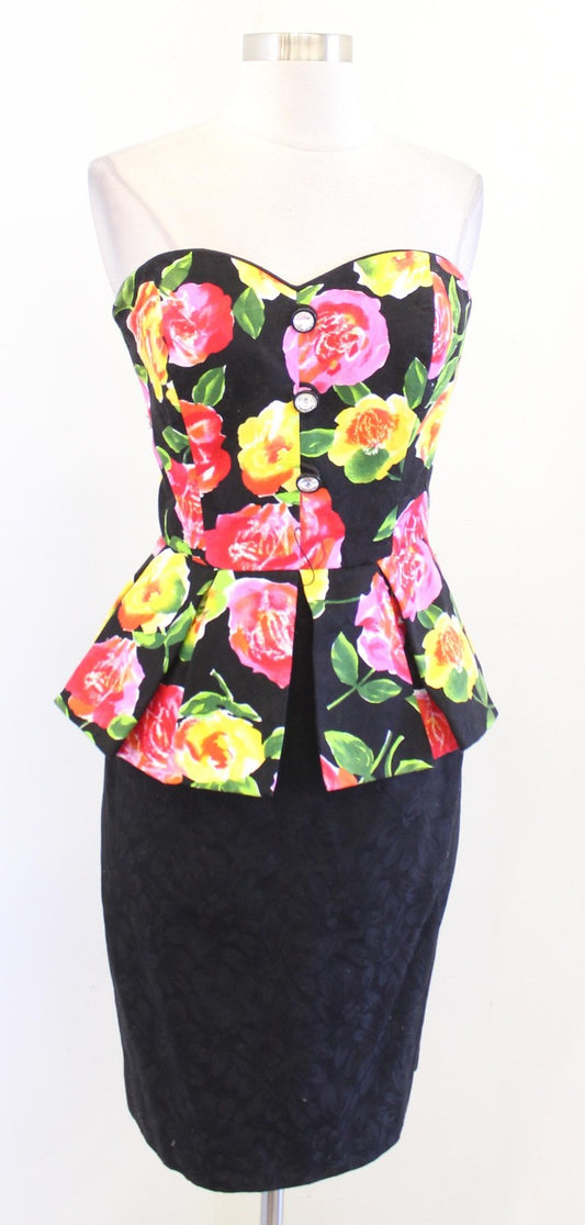 Vtg 80s Rimini Dress Womens 10 Black Floral Strapless Peplum Pencil Party Prom
