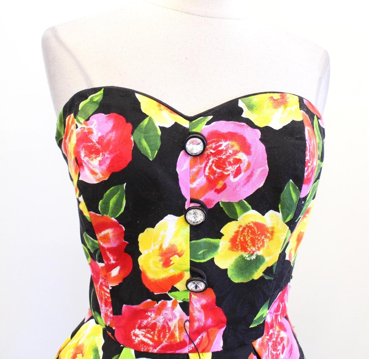 Vtg 80s Rimini Dress Womens 10 Black Floral Strapless Peplum Pencil Party Prom