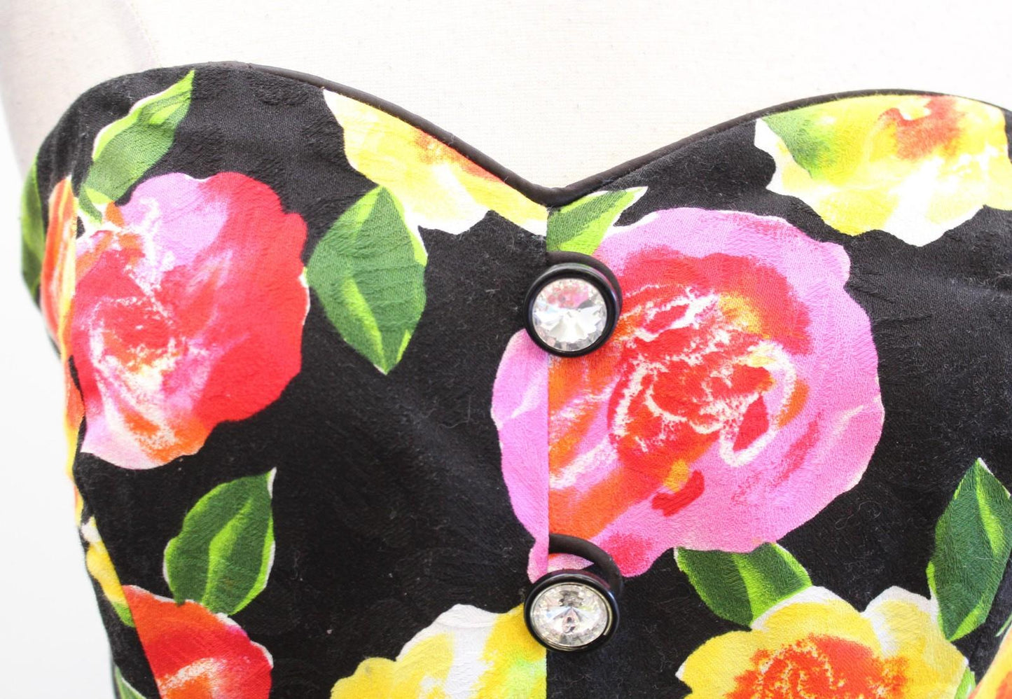 Vtg 80s Rimini Dress Womens 10 Black Floral Strapless Peplum Pencil Party Prom