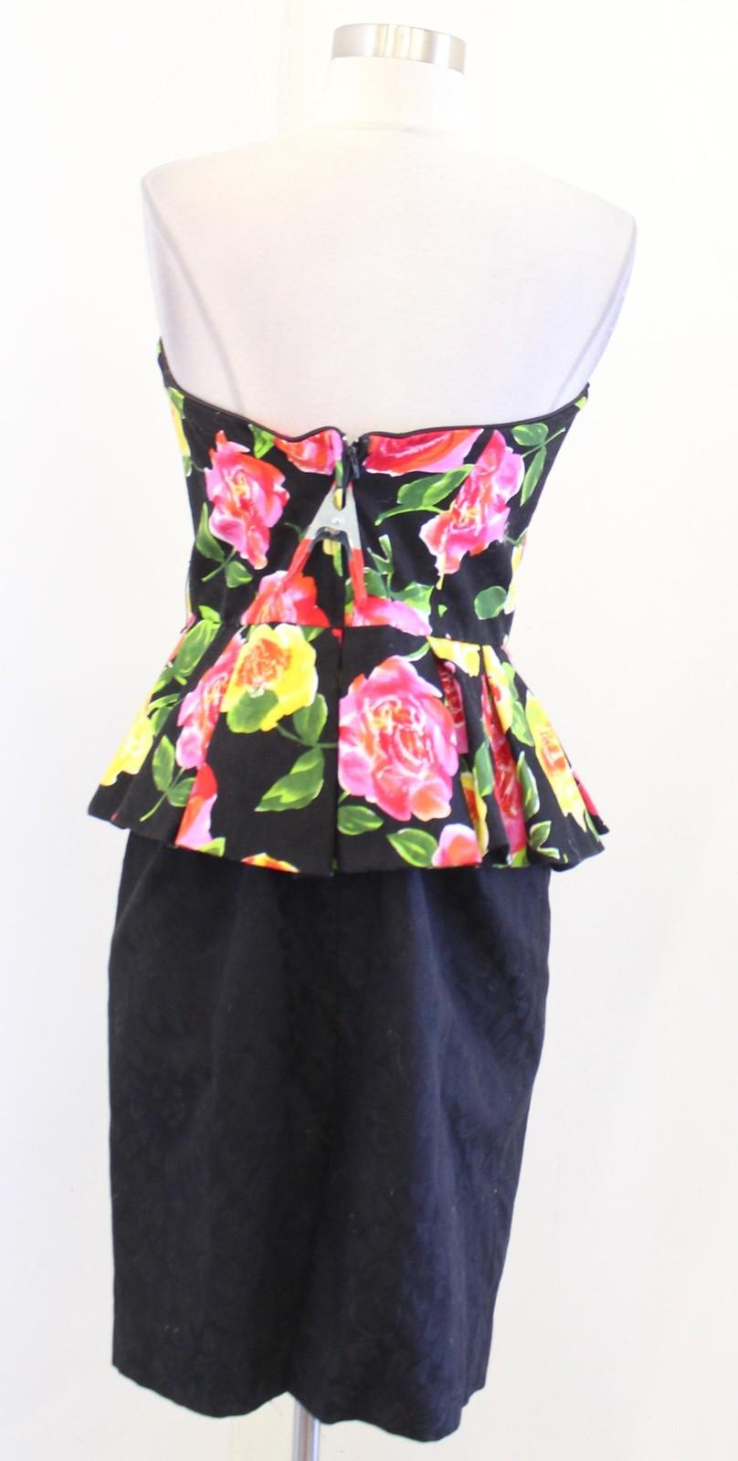 Vtg 80s Rimini Dress Womens 10 Black Floral Strapless Peplum Pencil Party Prom