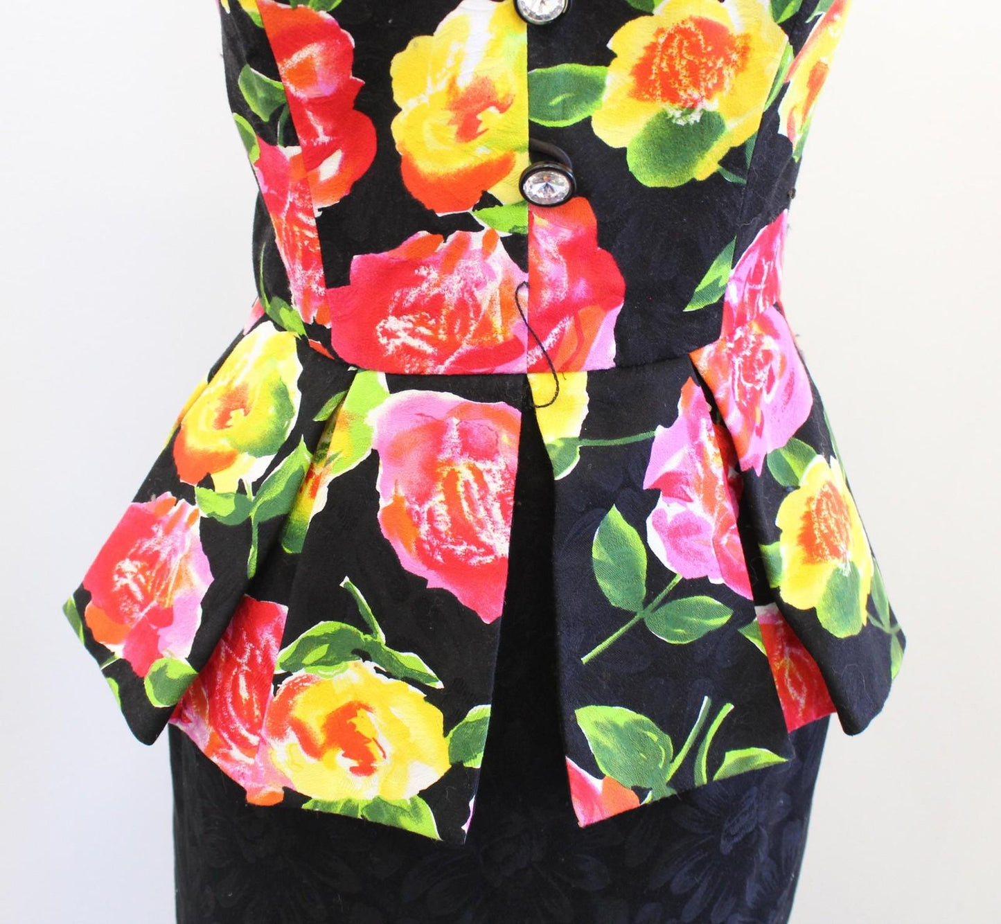 Vtg 80s Rimini Dress Womens 10 Black Floral Strapless Peplum Pencil Party Prom
