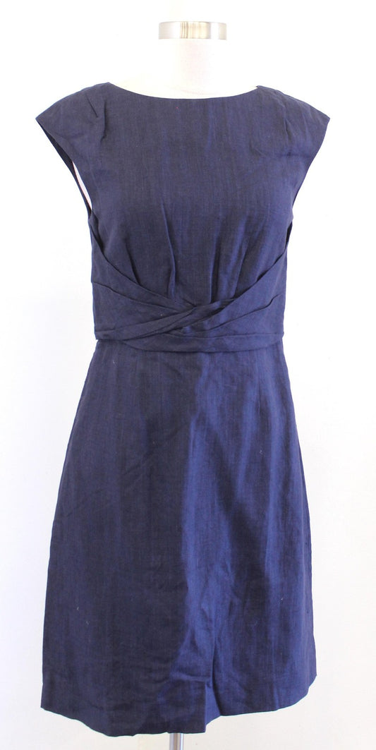 NWT J Crew Suiting Dress Womens 0 Navy Blue Linen Pleated Sheath Cap Sleeve Work