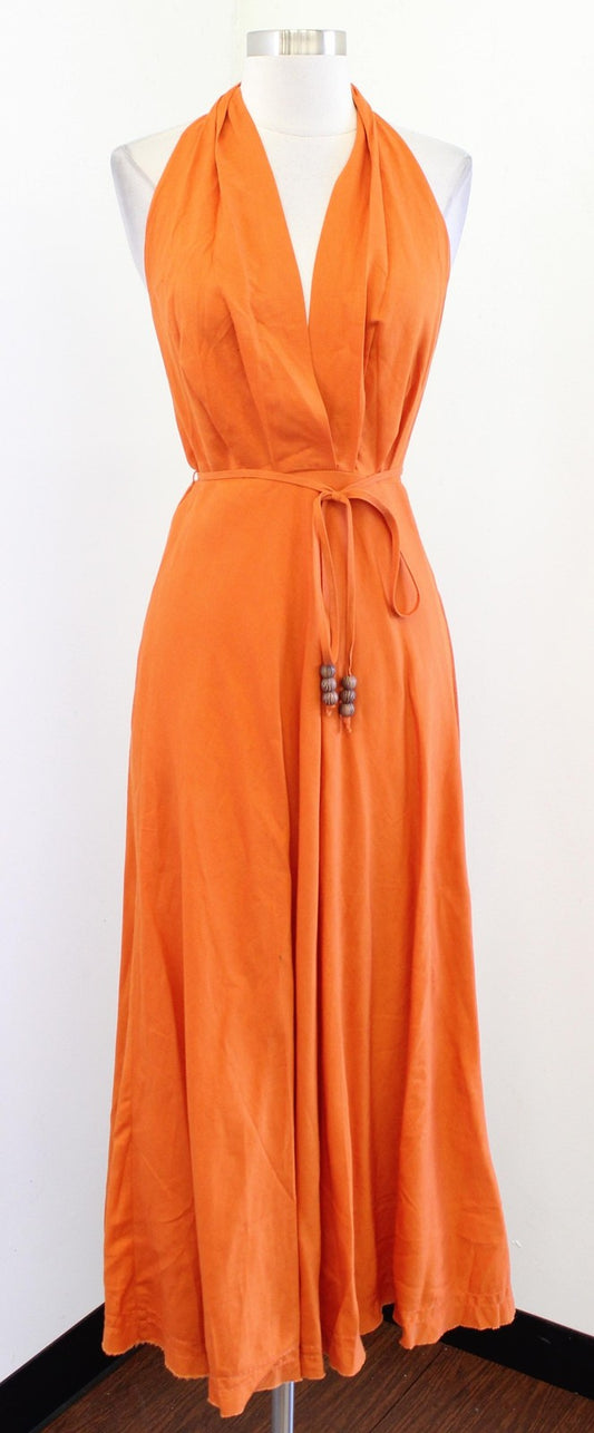 NWT Zara Dress Womens Small Orange Halter Belted Beaded Waist Midi Boho Summer
