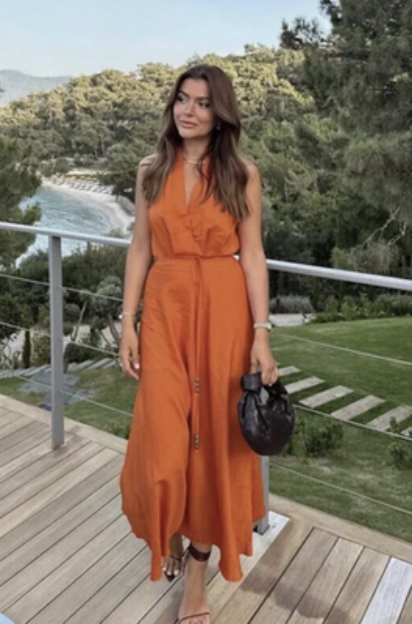 NWT Zara Dress Womens Small Orange Halter Belted Beaded Waist Midi Boho Summer