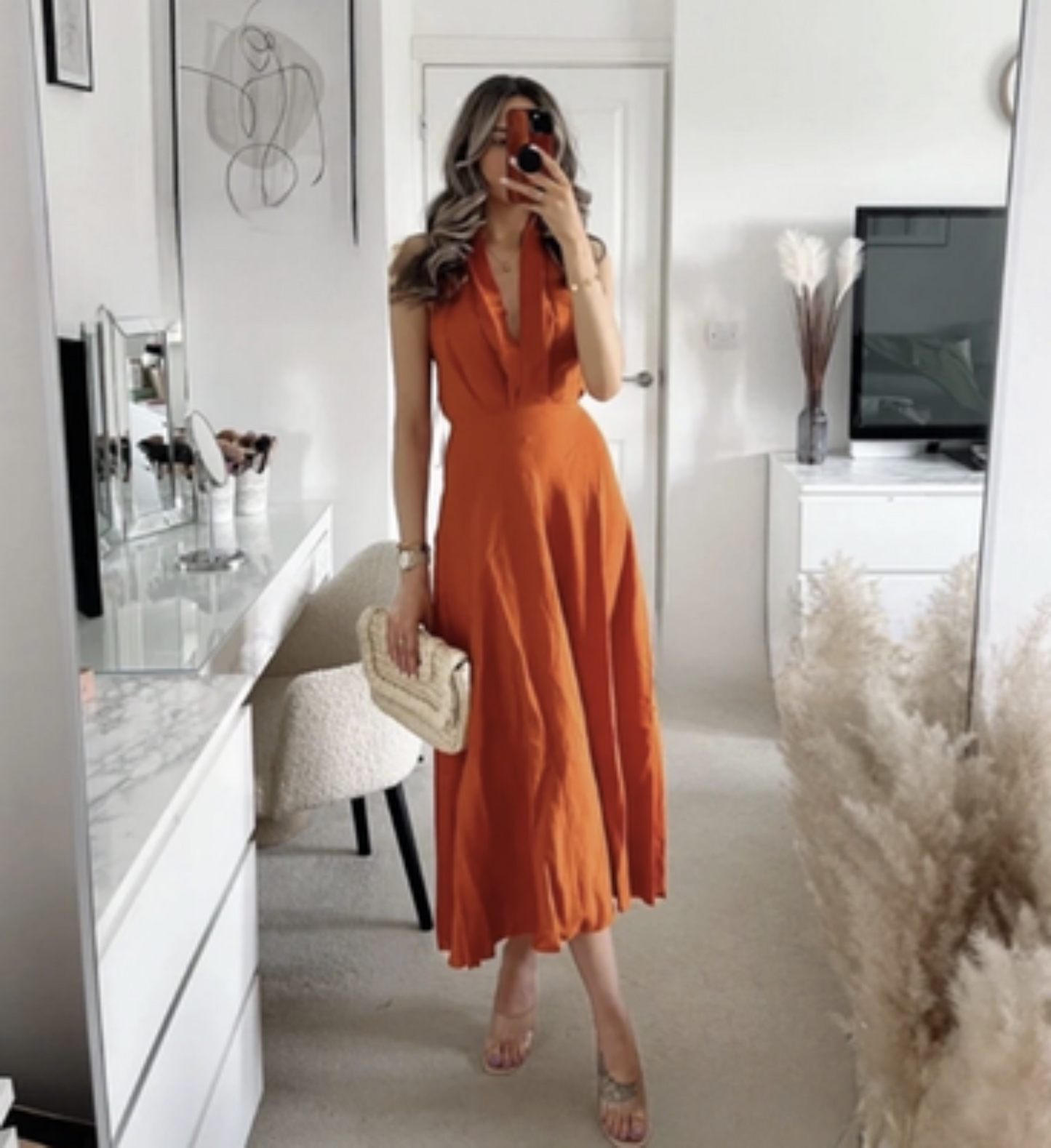 NWT Zara Dress Womens Small Orange Halter Belted Beaded Waist Midi Boho Summer