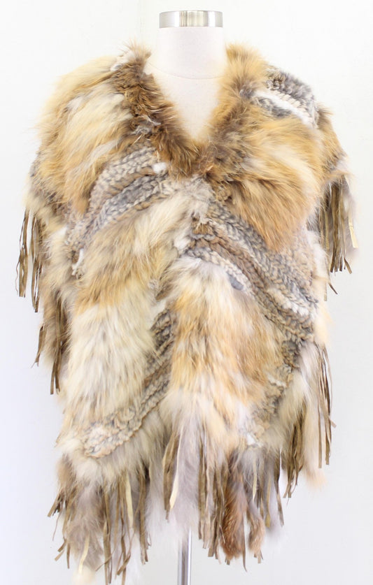 Vtg Cache Rex Rabbit Fur Poncho Womens One Size S M Tassel Fringe Boho Western