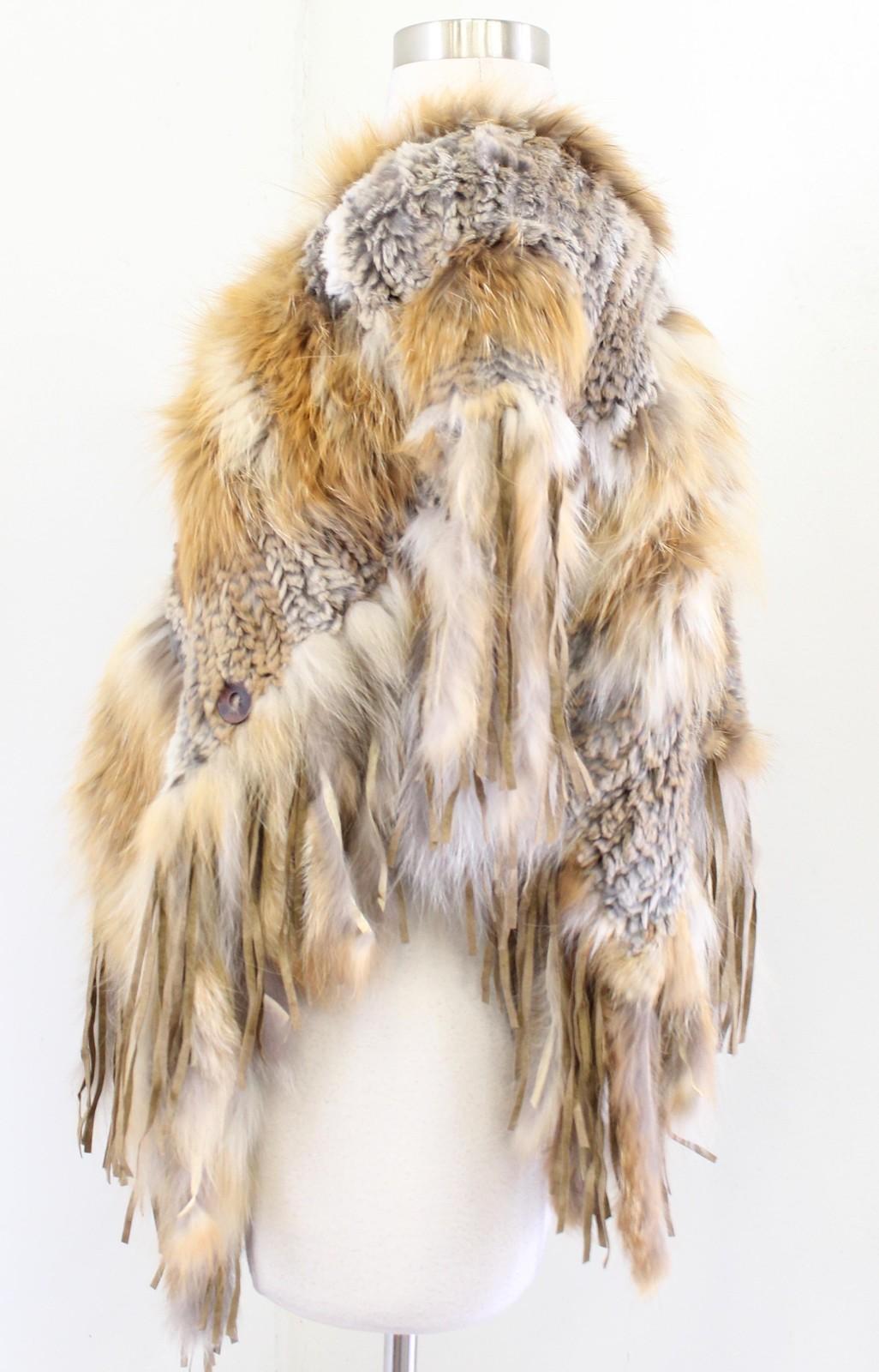 Vtg Cache Rex Rabbit Fur Poncho Womens One Size S M Tassel Fringe Boho Western