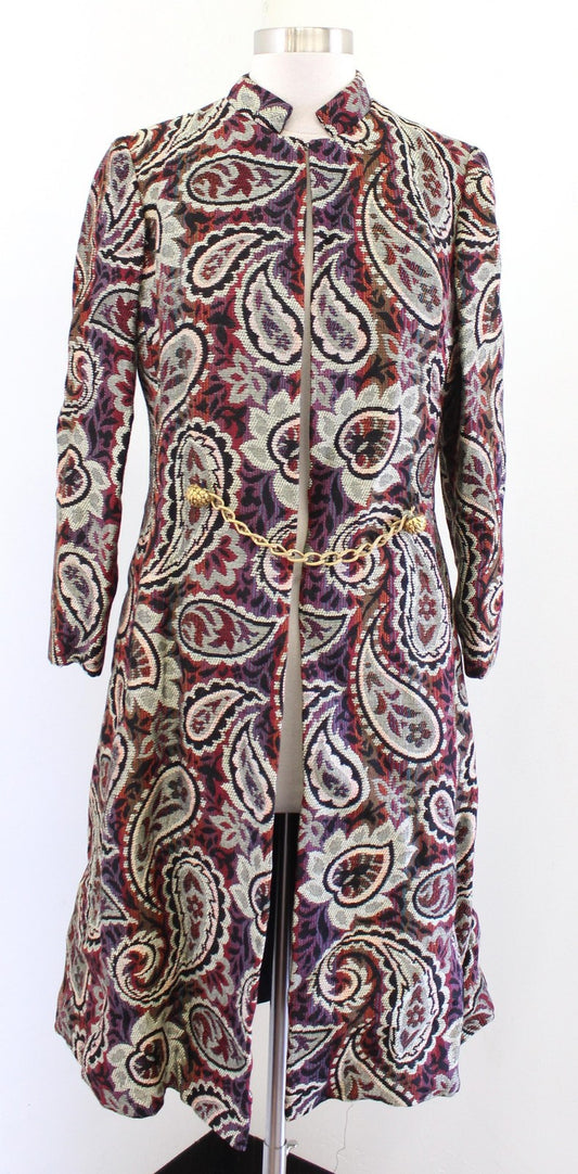 Vtg 60s Paisley Tapestry Coat Womens S ? Multicolor Belted Chain Waist Jacquard