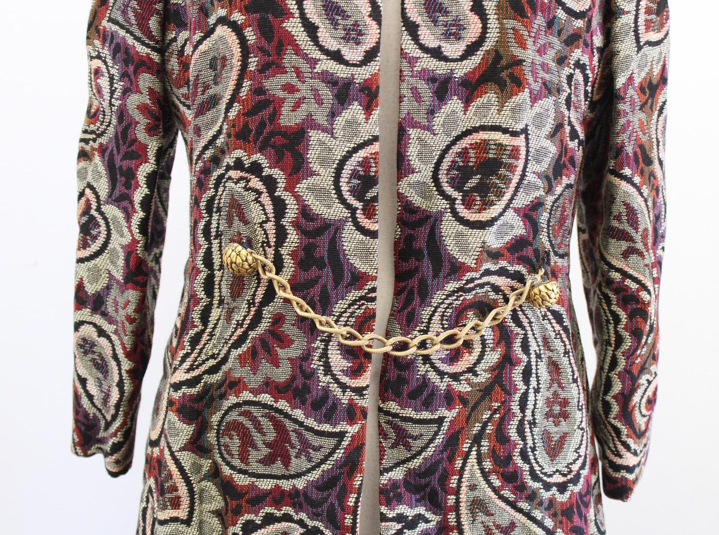 Vtg 60s Paisley Tapestry Coat Womens S ? Multicolor Belted Chain Waist Jacquard
