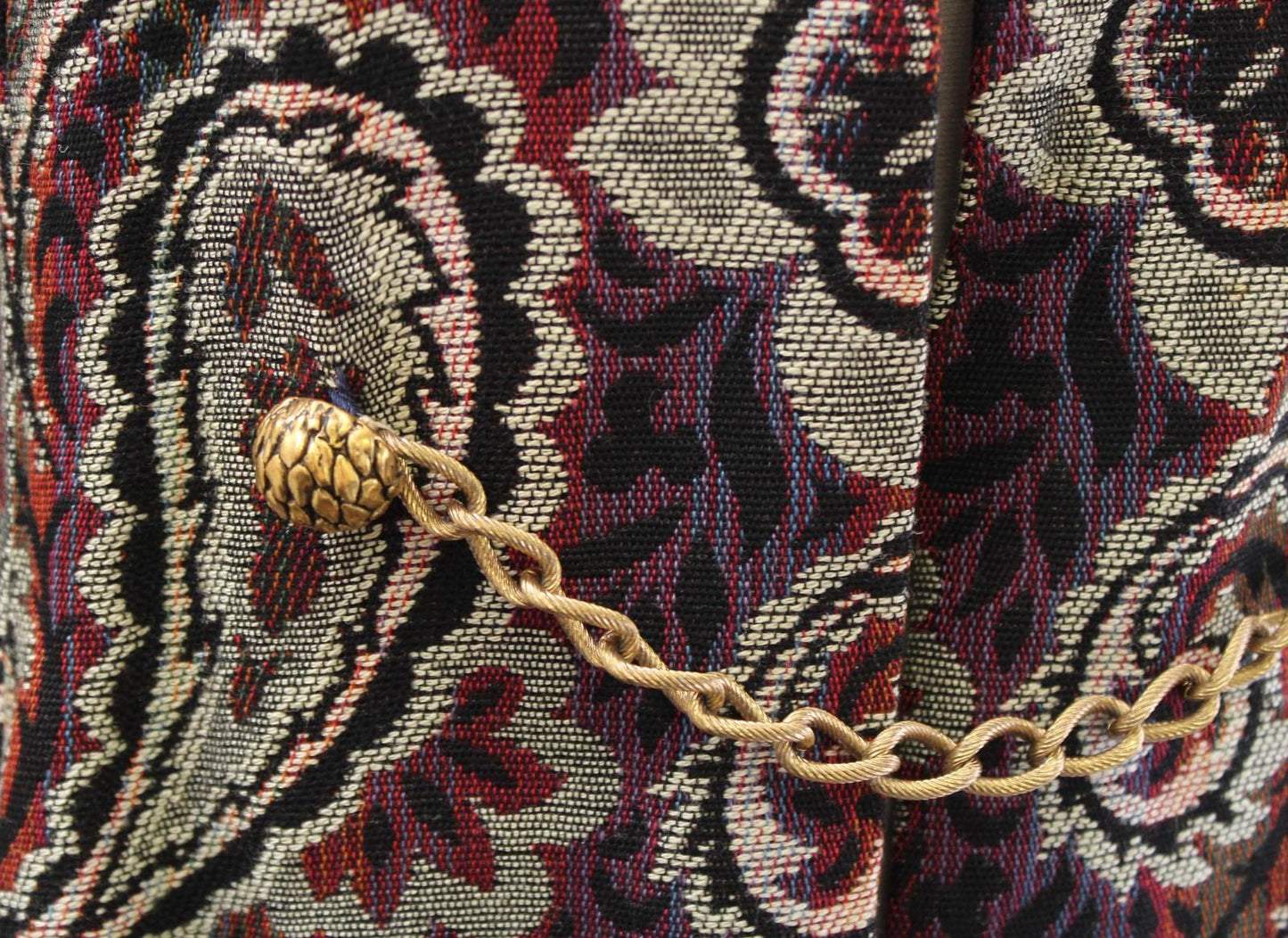 Vtg 60s Paisley Tapestry Coat Womens S ? Multicolor Belted Chain Waist Jacquard