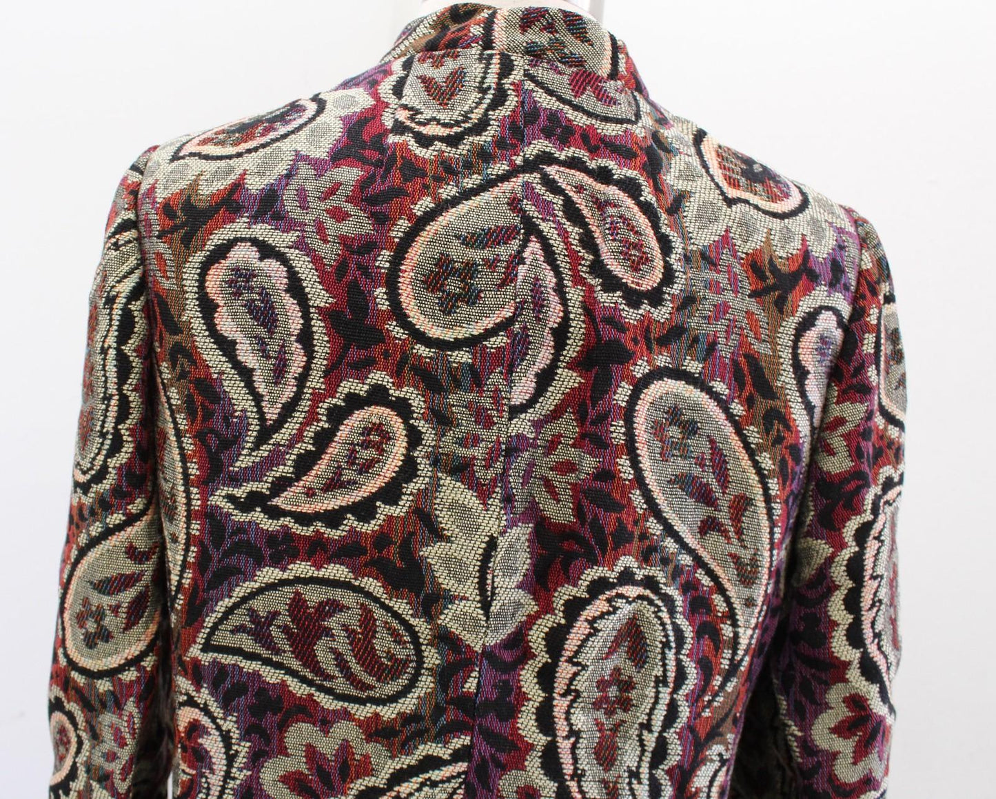 Vtg 60s Paisley Tapestry Coat Womens S ? Multicolor Belted Chain Waist Jacquard