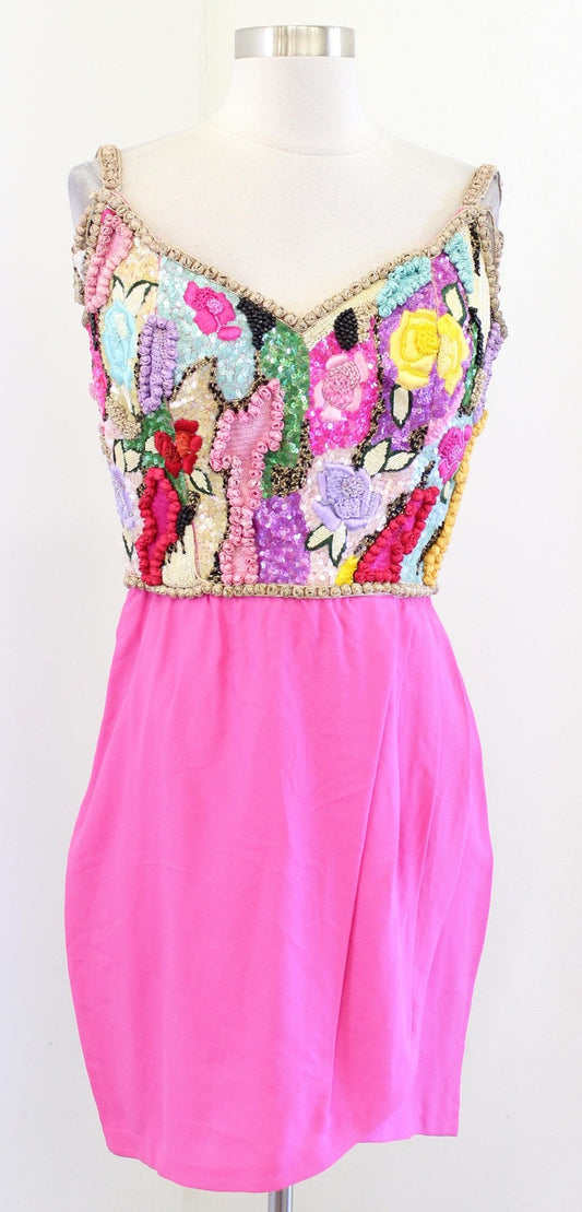 Vtg 80s Richilene Dress Sz 8 XS S Pink Floral Beaded Sequin Mini Party Cocktail