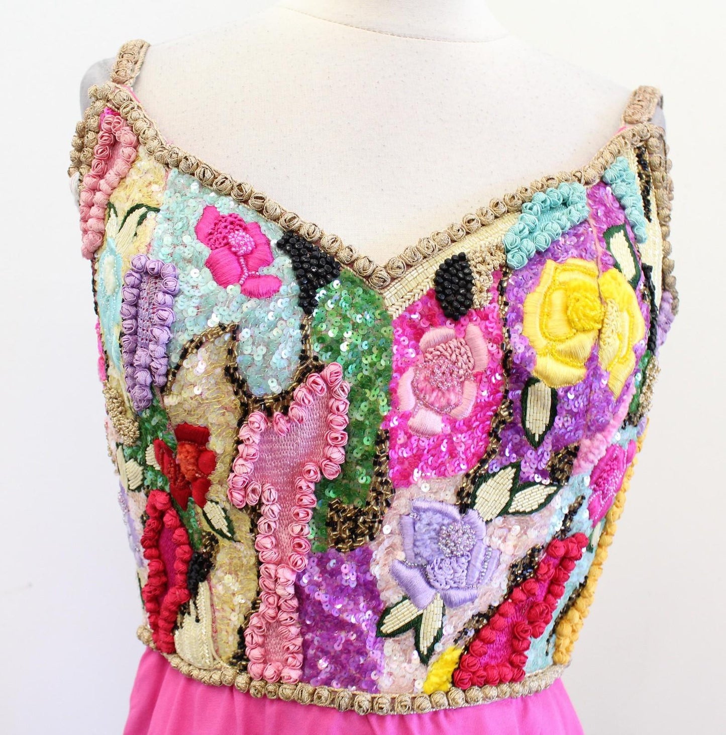 Vtg 80s Richilene Dress Sz 8 XS S Pink Floral Beaded Sequin Mini Party Cocktail