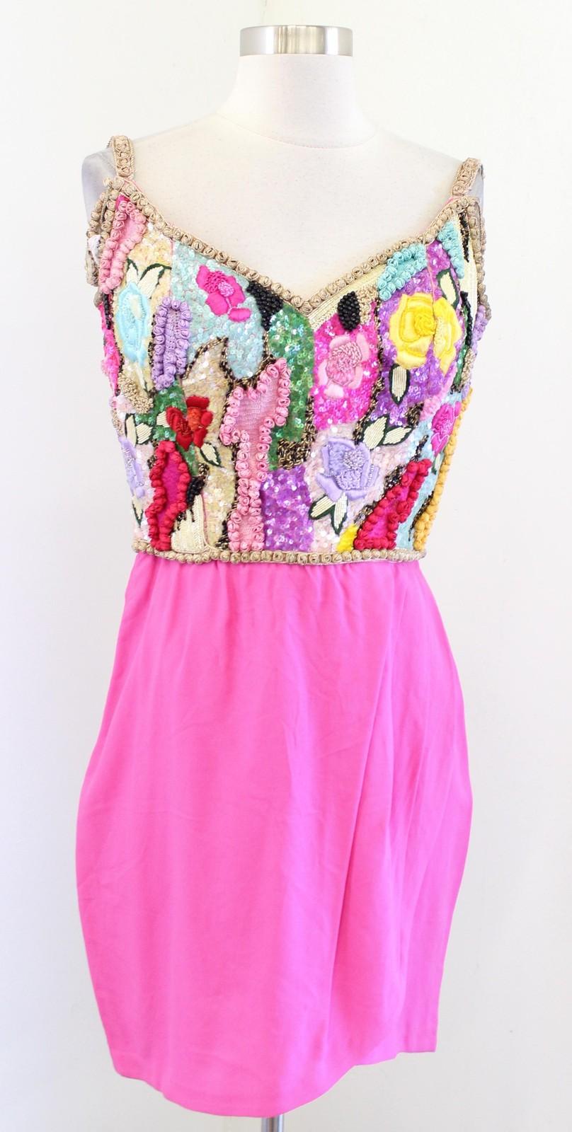Vtg 80s Richilene Dress Sz 8 XS S Pink Floral Beaded Sequin Mini Party Cocktail